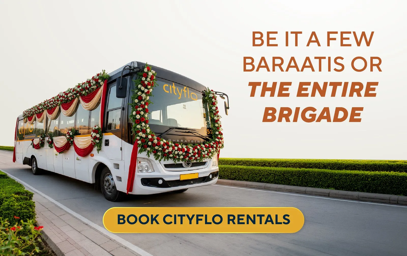 A Cityflo bus decorated with flowers for a baraat